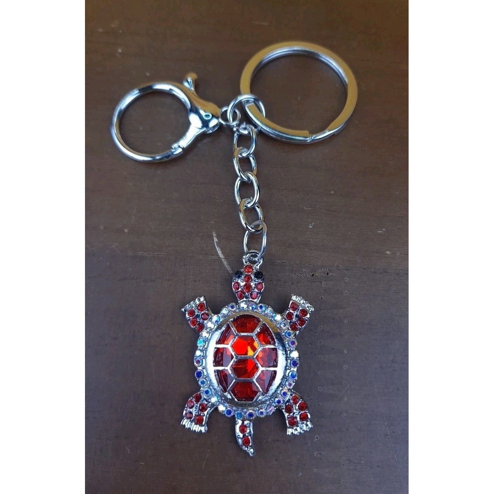 Turtle Red Rhinestone Crystal Silver Tone Keychain Backpack Purse Clip